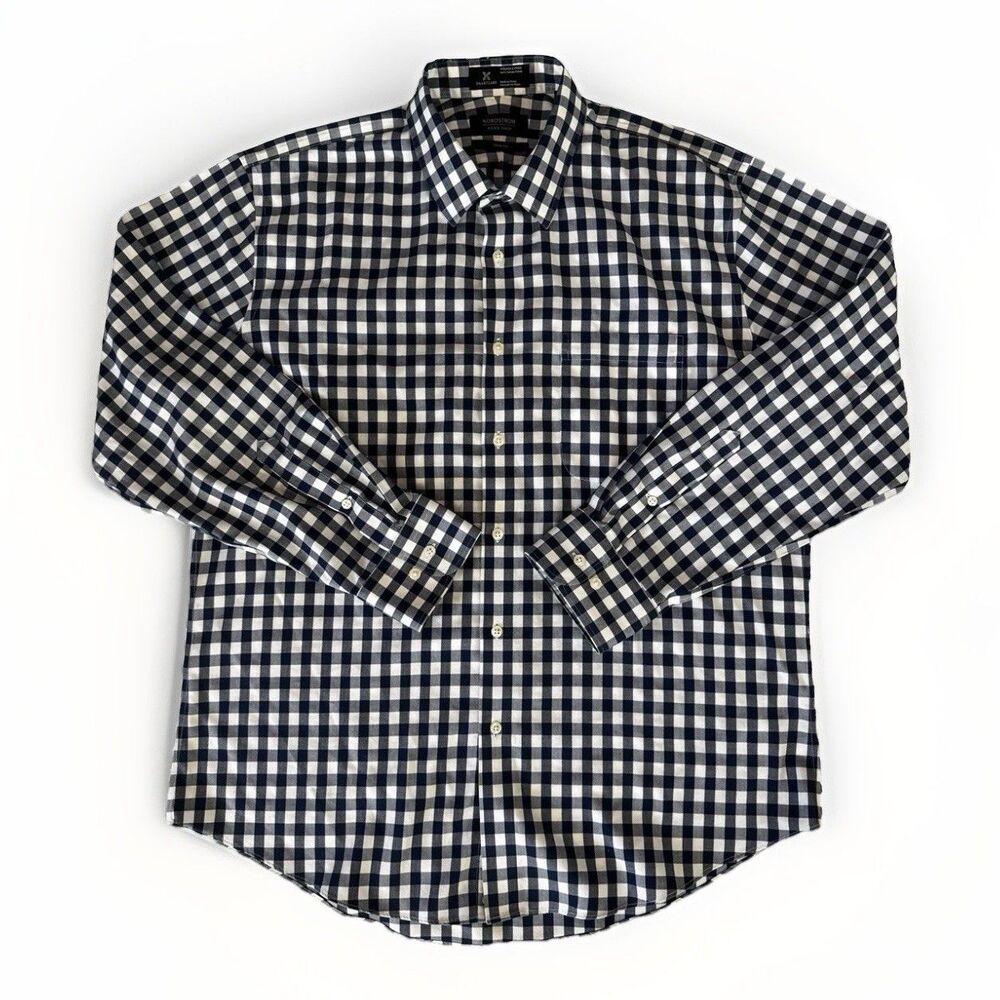 Nordstrom Mens Smartcare Trim Fit Gingham Shirt 16.5/32-33 Navy Business Casual